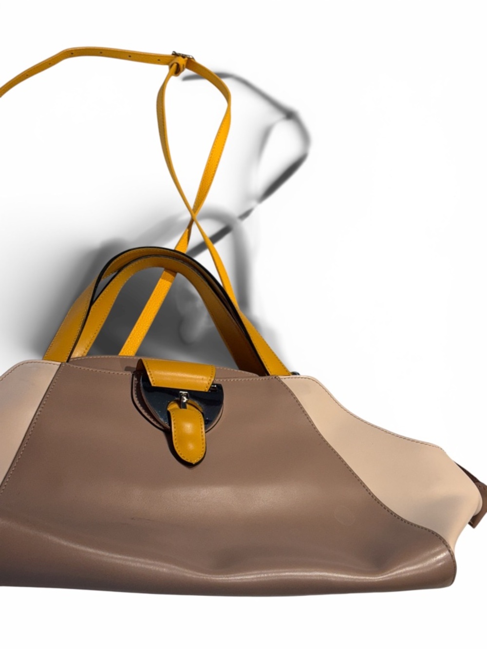 Nicoli Italy Genuine Leather Colorblock Satchel Crossbody Taupe Cream Yellow